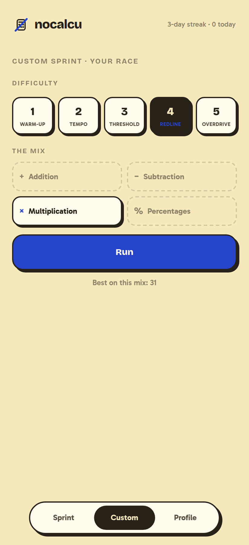 nocalcu practice screen with difficulty levels and math operations